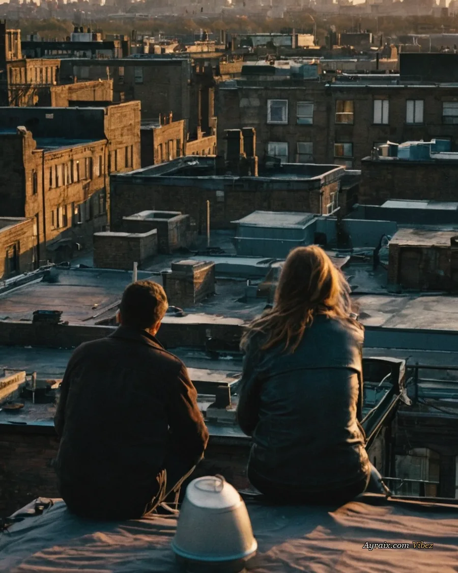 Two people on a rooftop at sunset looking out over a low-rise skyline.