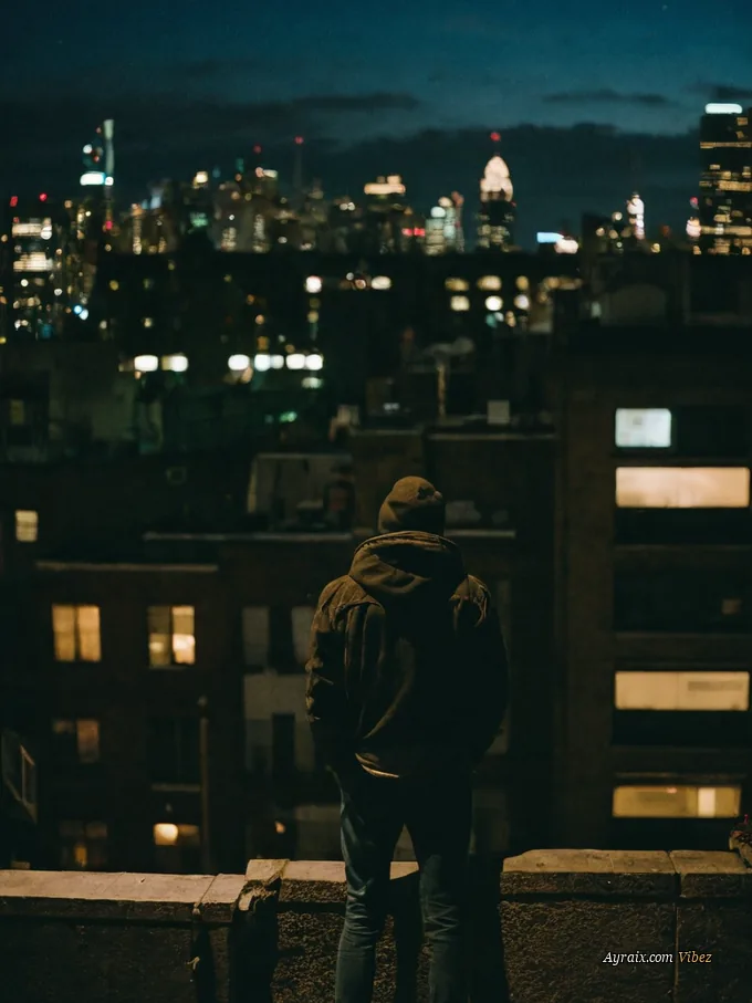One person on a rooftop at night looking down over a lit city block.
