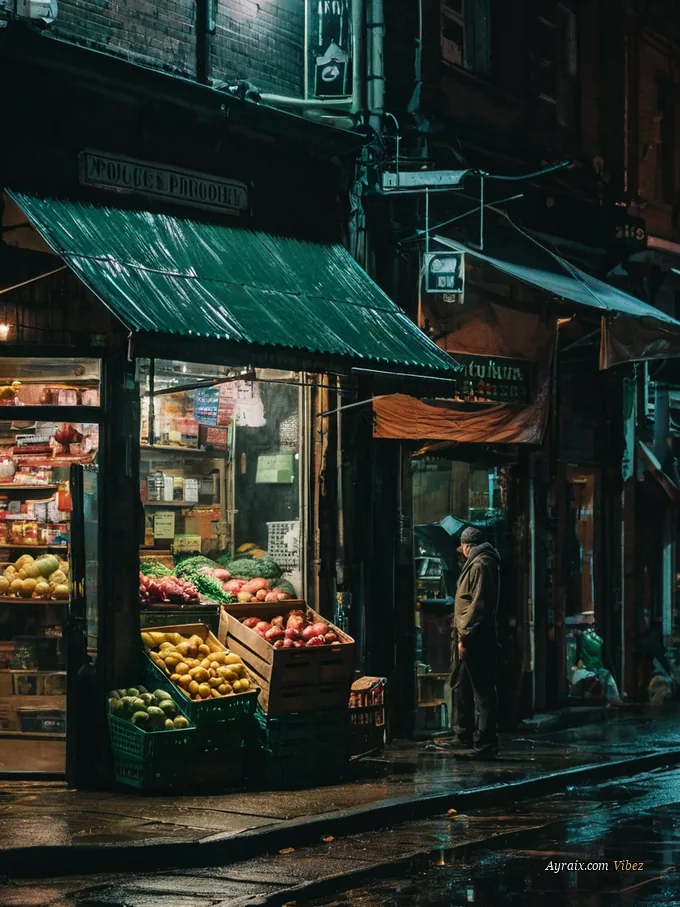 A corner store lit warm against a dark wet street.