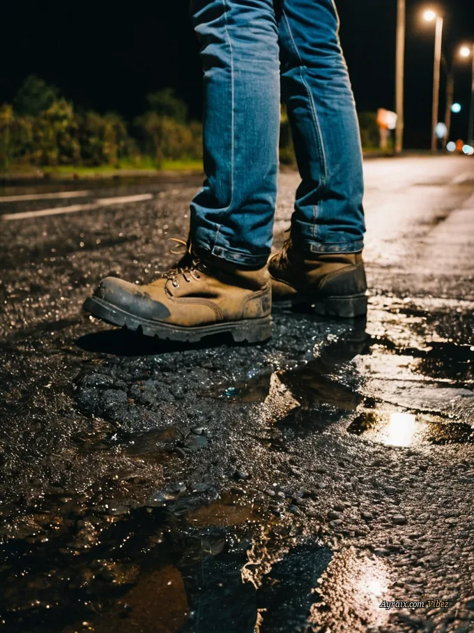 Worn work boots stepping off a kerb onto wet asphalt.