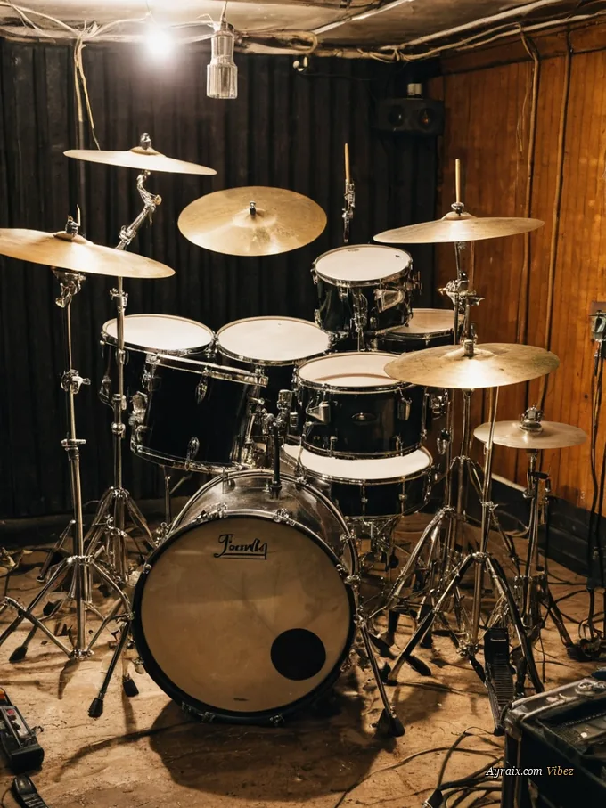 A vintage drum kit under a single warm bulb in a basement room.