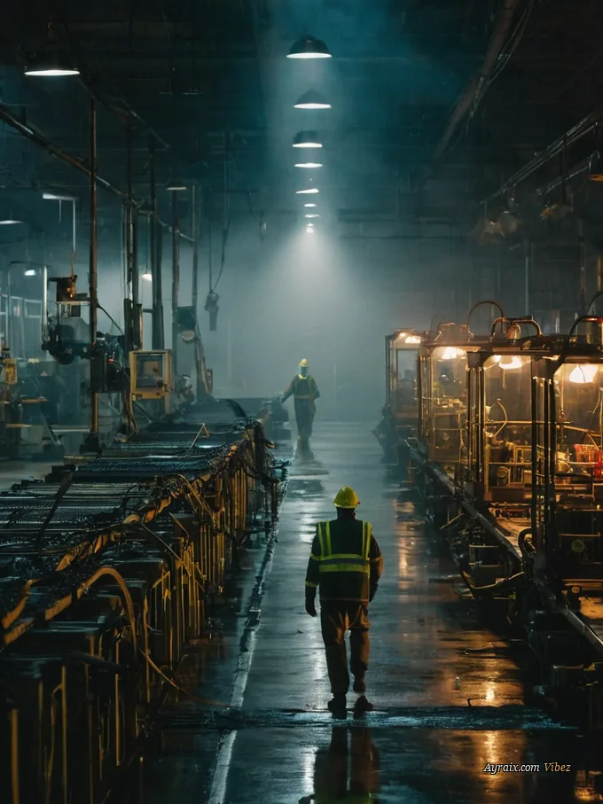 A dim factory floor at night between rows of machinery.
