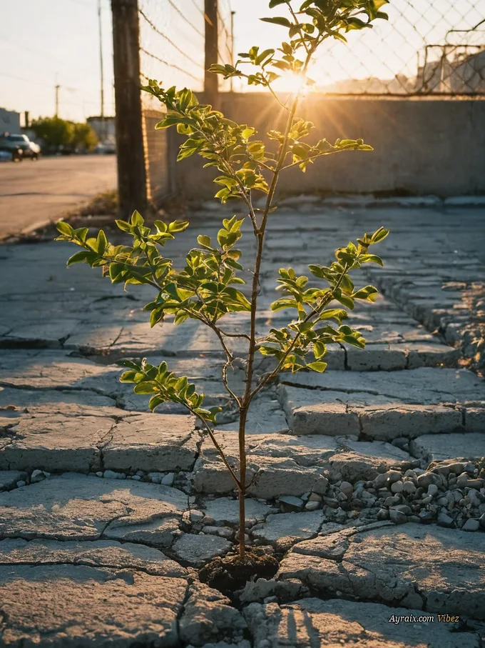 A young tree growing through cracked concrete in a derelict lot at golden hour.