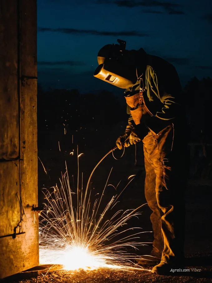 A welder throwing bright orange sparks in a dark workshop doorway.